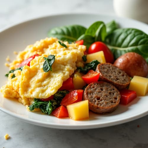 Egg and Chicken Sausage Scramble with Spinach and Peppers