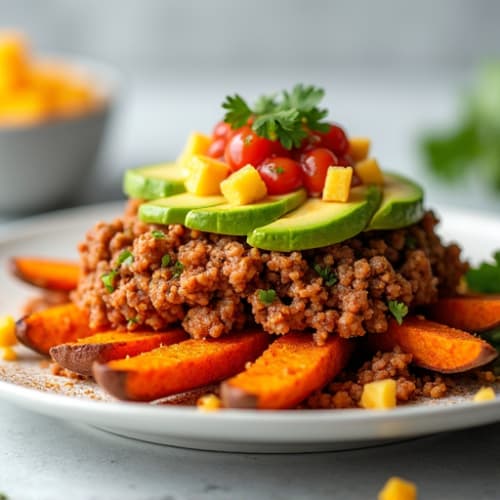 Seasoned Ground Turkey Taco Loaded Sweet Potato Fries