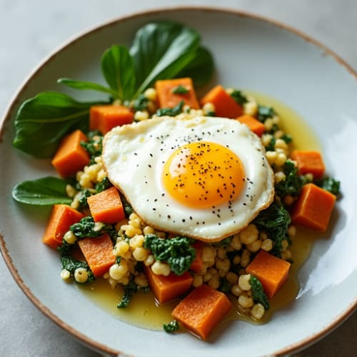 Cottage Cheese Scramble with Sautéed Spinach and Roasted Sweet Potatoes