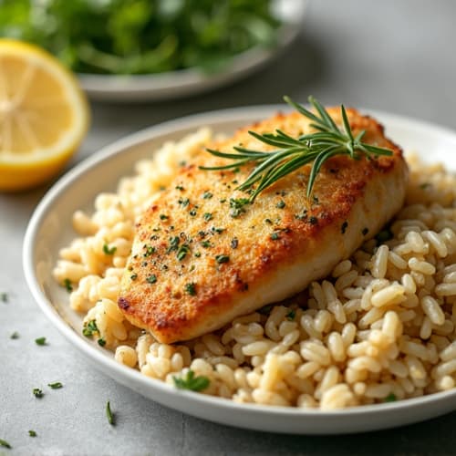 Herb-Crusted Pan Seared Chicken with Lemon Garlic Rice