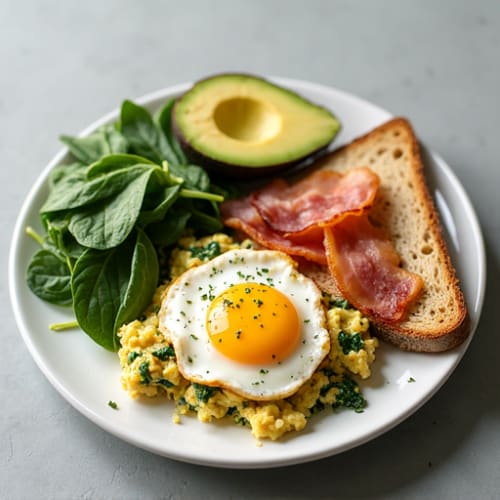 Cottage Cheese Scramble with Sautéed Spinach and Turkey Bacon