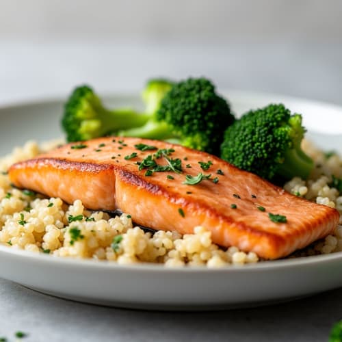 Baked Salmon with Steamed Broccoli and Quinoa