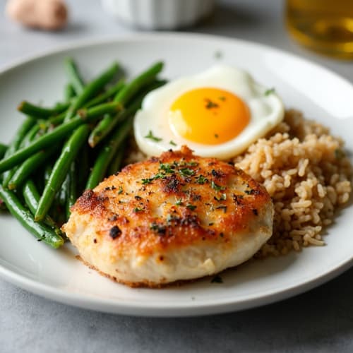 Baked Chicken Thighs with Garlic Green Beans and Brown Rice