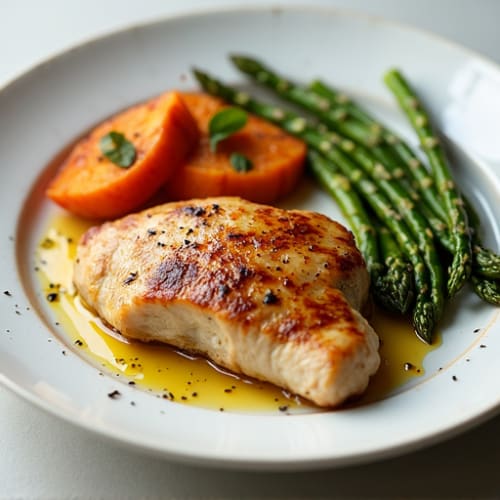 Seared Chicken Breast with Roasted Sweet Potatoes and Asparagus