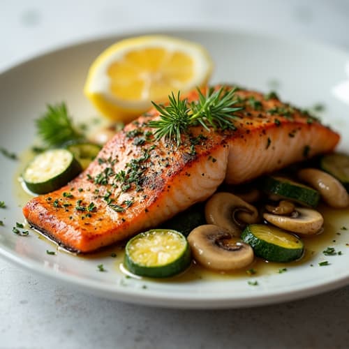 Herb-Crusted Pan Seared Salmon with Garlic Sautéed Zucchini and Mushrooms