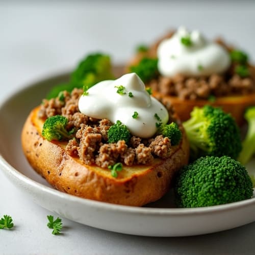 Crispy Baked Potatoes Loaded with Lean Ground Turkey, Steamed Broccoli ...
