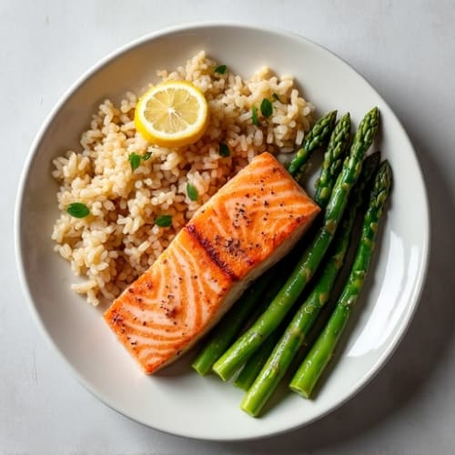 Seared Salmon Fillet with Steamed Asparagus and Brown Rice