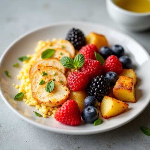 Chicken Egg White Scramble with Roasted Potatoes and Fresh Berries