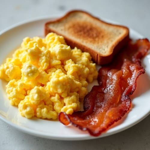 Crispy Turkey Bacon and Fluffy Scrambled Eggs with Buttered Toast