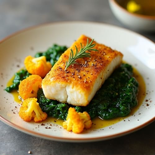 Pan-Seared Turmeric Fish with Roasted Cauliflower and Spinach