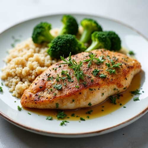 Herb-Crusted Pan Seared Chicken Breast with Quinoa and Steamed Broccoli