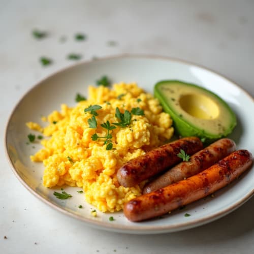 Scrambled Eggs with Turkey Sausage and Roasted Sweet Potatoes