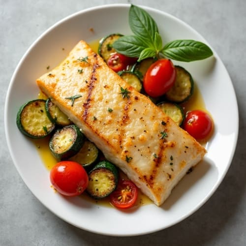 Seared Cod Fillet with Roasted Zucchini and Tomato