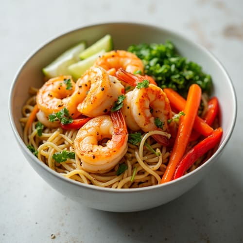 Sesame-Ginger Shrimp Rice Noodle Bowl