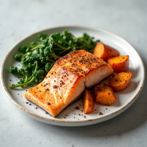 Seared Salmon with Roasted Sweet Potatoes and Sautéed Dandelion Greens