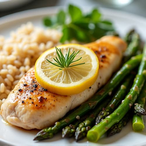 Lemon Herb Chicken Breast with Roasted Asparagus and Brown Rice
