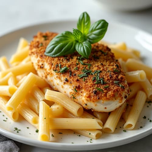 Herb-Crusted Chicken over Roasted Garlic Pasta