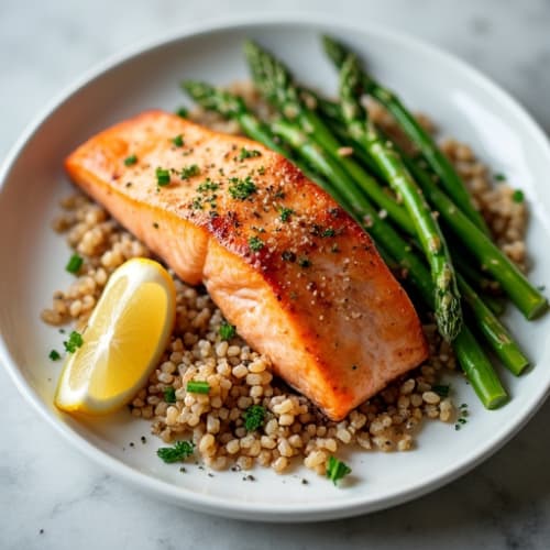 Seared Salmon with Roasted Asparagus and Brown Rice