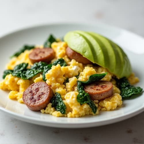 Egg White and Chicken Sausage Scramble with Spinach