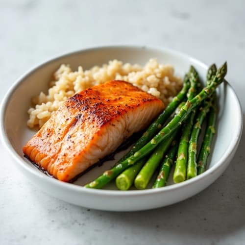Seared Salmon with Steamed Asparagus and Brown Rice