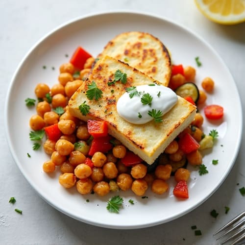 Grilled Halloumi with Chickpeas and Roasted Vegetables