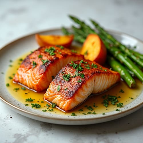 Seared Salmon with Roasted Asparagus and Sweet Potato