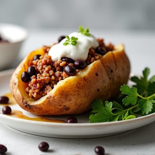 Crispy Baked Potato with Lean Ground Turkey, Black Beans, and Creamy ...