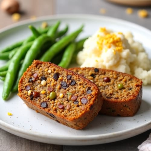 Lentil Walnut Loaf with Steamed Edamame, Cauliflower Mash & a Nutritional Yeast Garnish