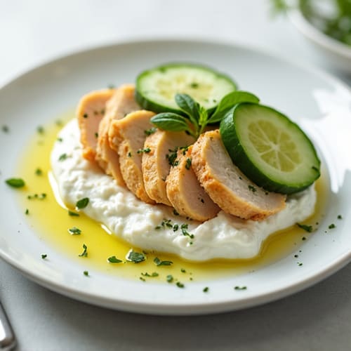 Cottage Cheese with Sliced Chicken Breast and Cucumber