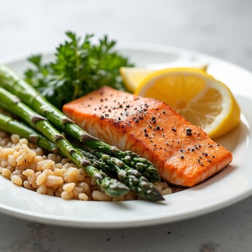 Seared Salmon with Steamed Asparagus and Brown Rice