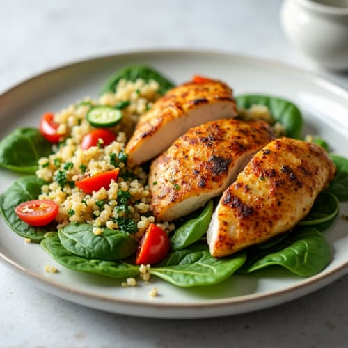 Herb-Roasted Chicken Breast with Quinoa Tabbouleh and Baby Spinach