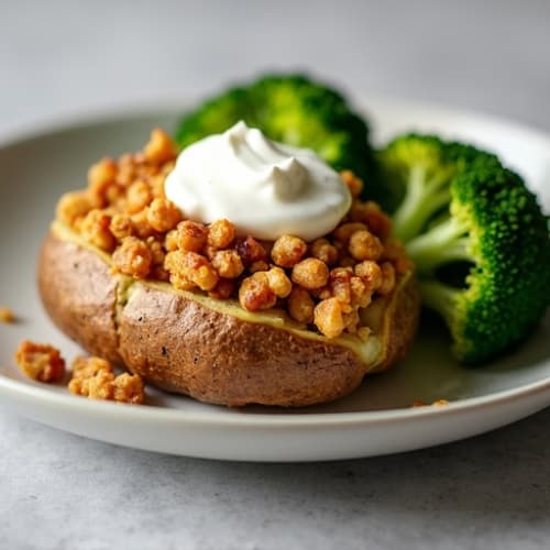Loaded Baked Potato with Lean Ground Chicken and Roasted Broccoli