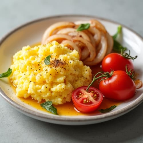 Fluffy Scrambled Eggs with Sautéed Tomatoes and Onions