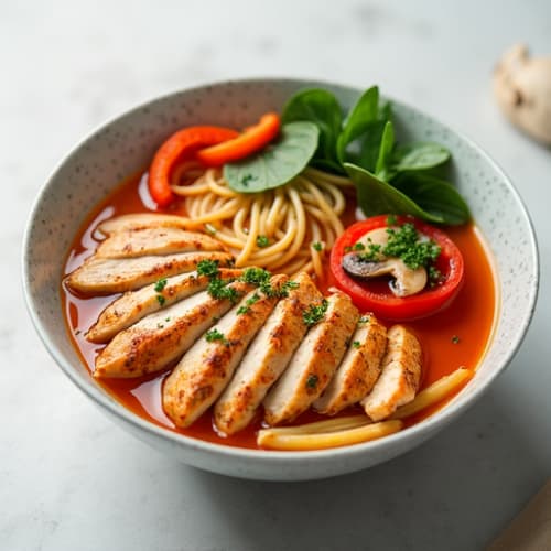 Spicy Sriracha Chicken Ramen with Fresh Vegetables