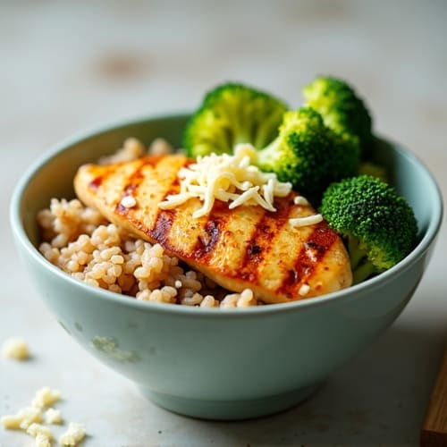 Grilled Chicken and Broccoli Brown Rice Bowl with Shredded Cheese