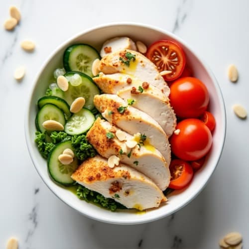 Cottage Cheese and Sliced Chicken Breast Bowl with Crunchy Veggies
