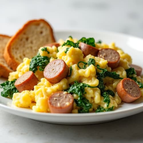 Egg White Scramble with Chicken Sausage, Spinach & Toast