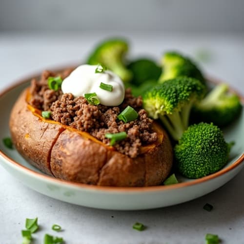 Crispy Baked Potato with Lean Ground Beef, Steamed Broccoli, and Creamy ...