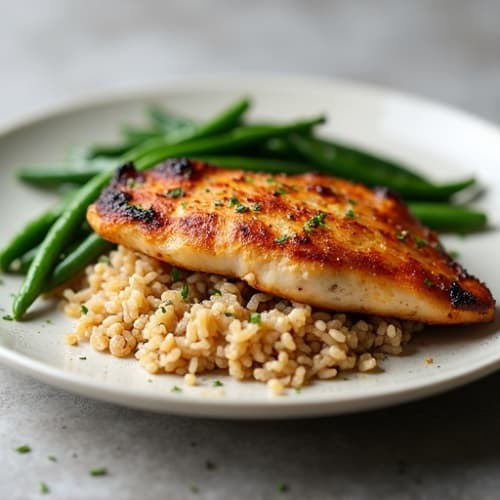 Seared Chicken Breast with Garlic Green Beans and Brown Rice