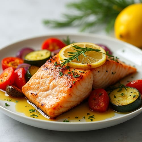 Grilled Salmon with Lemon-Dill Roasted Vegetables