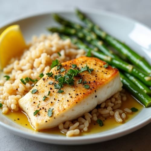 Pan-Seared Cod with Steamed Asparagus and Brown Rice