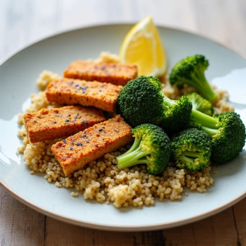 Crispy Tempeh Strips with Quinoa and Roasted Broccoli