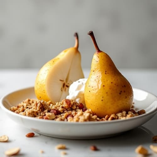 Warm Baked Pears with Creamy Vanilla Greek Yogurt and Crunchy Almond ...