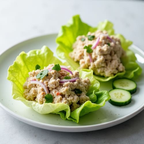 Tuna Salad Lettuce Wraps with Sliced Cucumbers