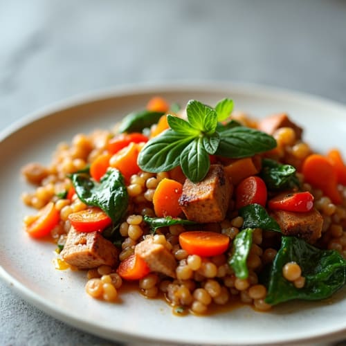 Lentil and Vegetable Stir Fry with Seared Tempeh