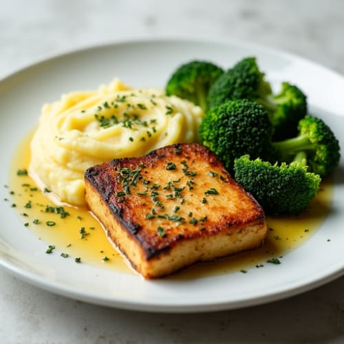 Herb-Roasted Tofu Steaks with Garlic Mashed Potatoes and Steamed Broccoli