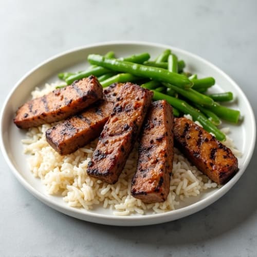 Grilled Beef Strips with Steamed Green Beans and Cabbage Rice