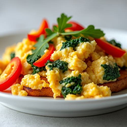 Egg White Veggie Scramble with Roasted Sweet Potatoes