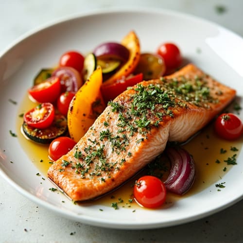 Fresh Herb-Crusted Salmon with Roasted Rainbow Vegetables