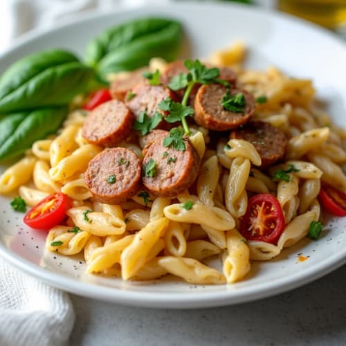 Lean Turkey Sausage Pasta with Garlic-Herb Sauce